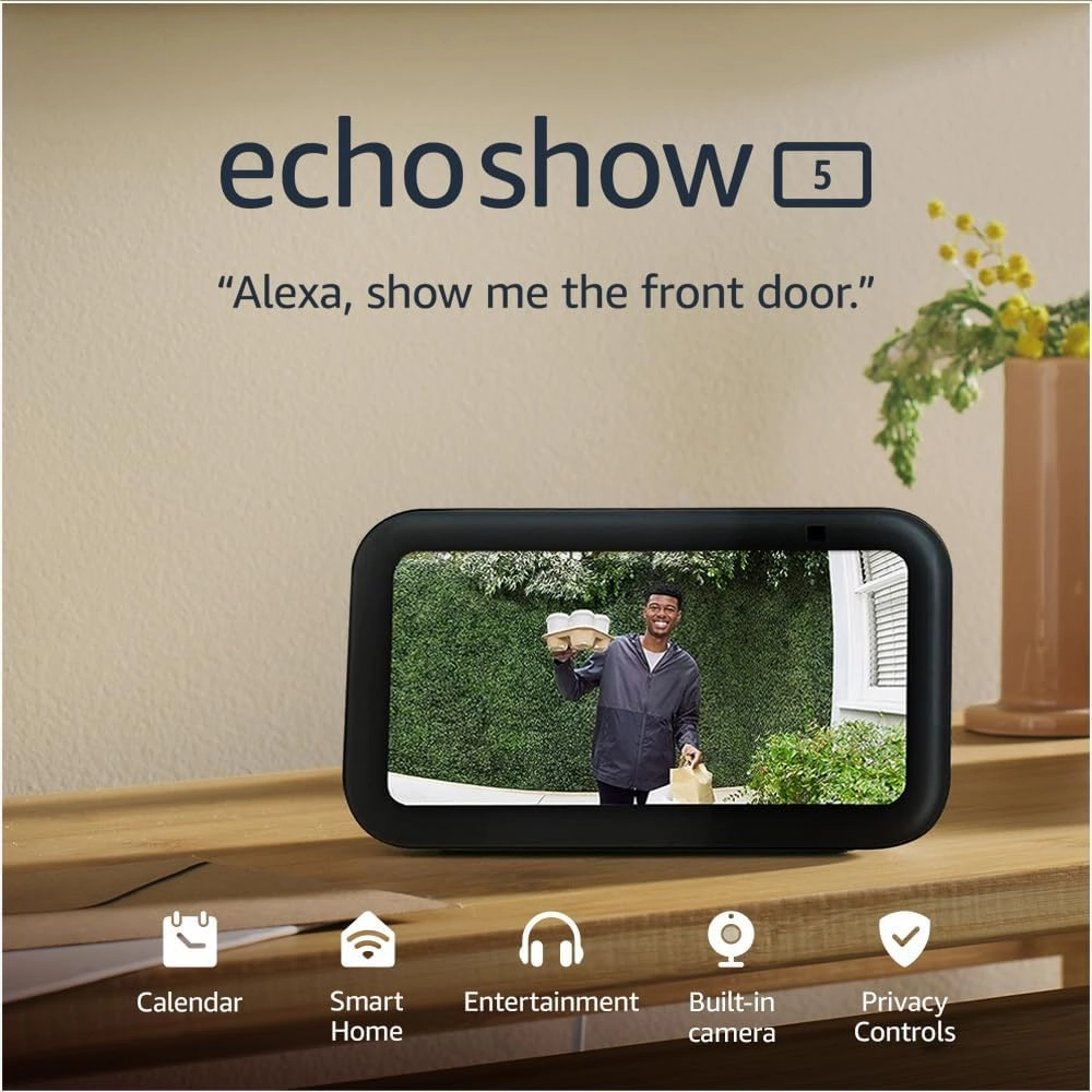 Echo Show 5 (3rd Gen, 2024) - Smart Display & Alarm Clock with Enhanced Sound, Charcoal
