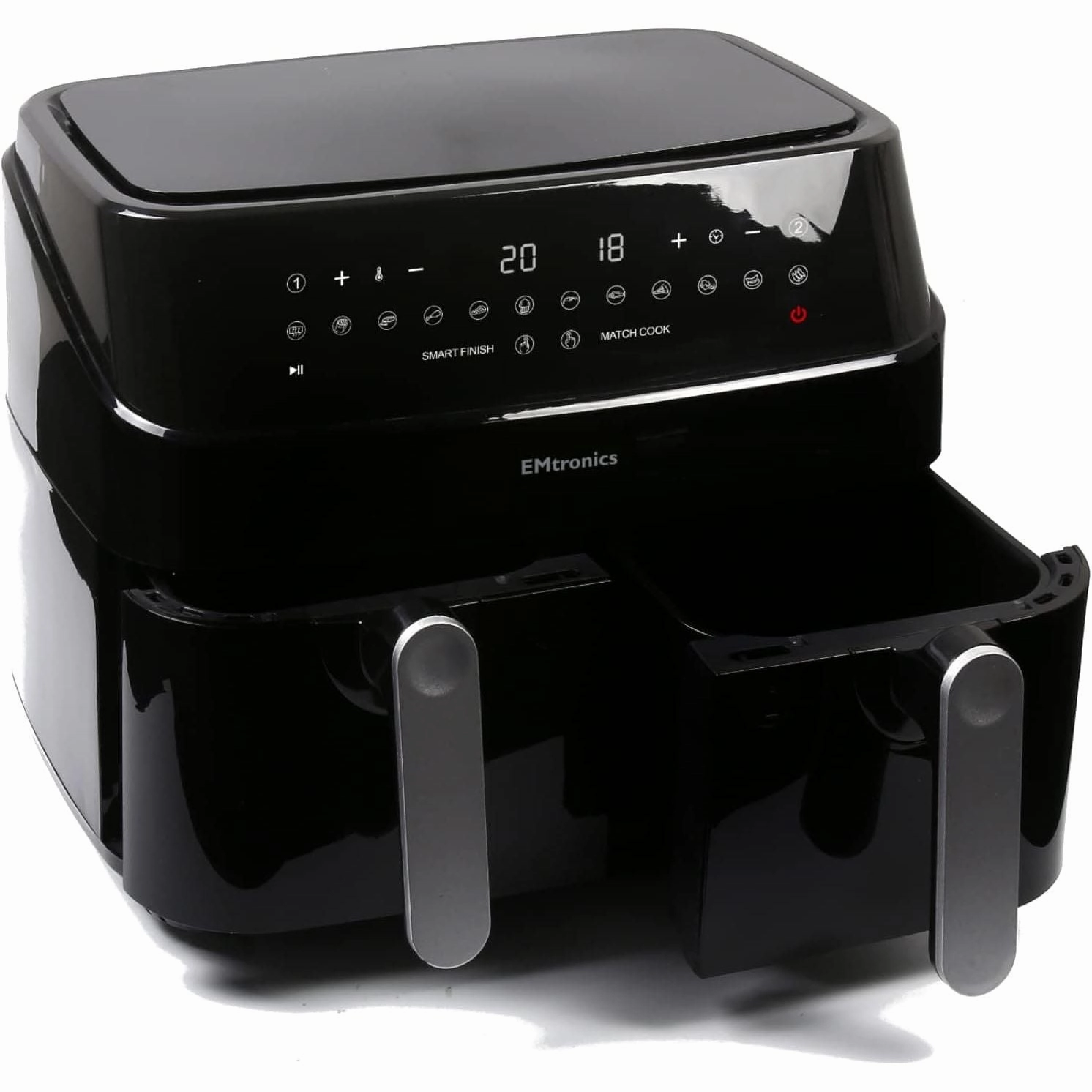 EMtronics EMDAF9LD Dual Air Fryer Extra Large Family Size Double XL 9 Litre Digital with 12 Pre-Set Menus for Oil Free & Low Fat Healthy Cooking, 60-Minute Timer - Black