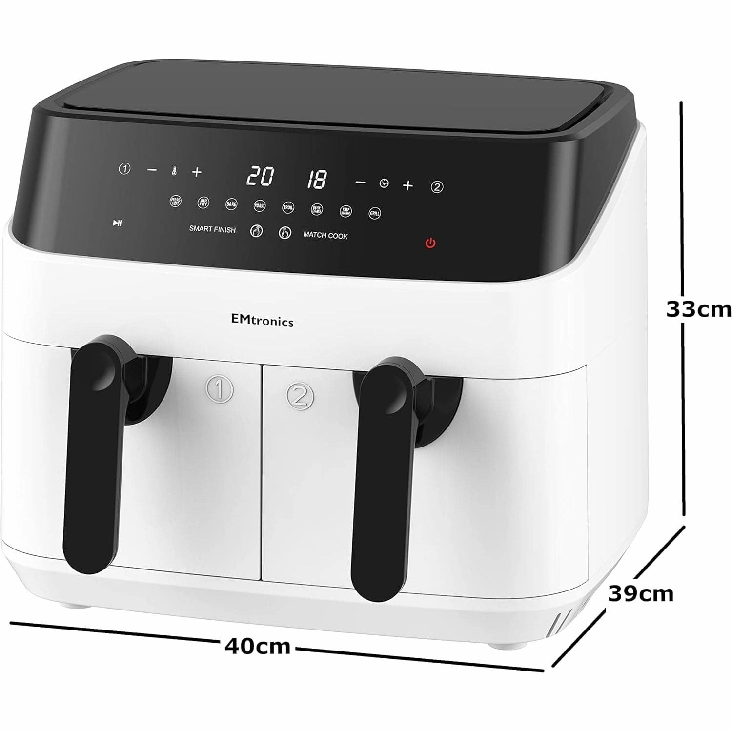 EMtronics WH Dual Air Fryer Extra Large Family Size Double XL 9 Litre - White