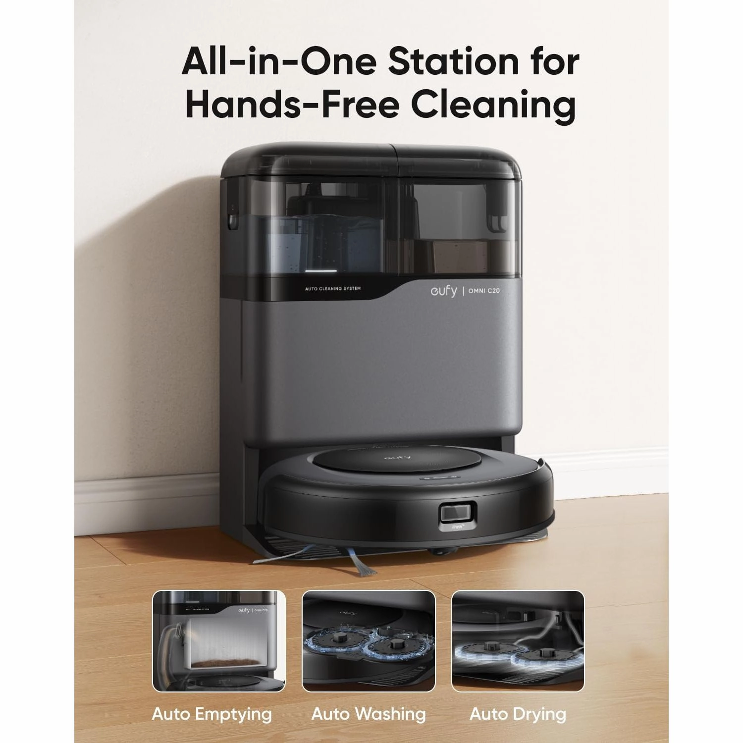 eufy Omni C20 Robot Vacuum and Mop  All-in-One Station, 7,000 Pa Suction, Ultra-Slim 3.35-Inch Design, Auto Emptying, Mop Washing & Drying, Mop Lifting, Carpet Detection for Hands-Free Cleaning