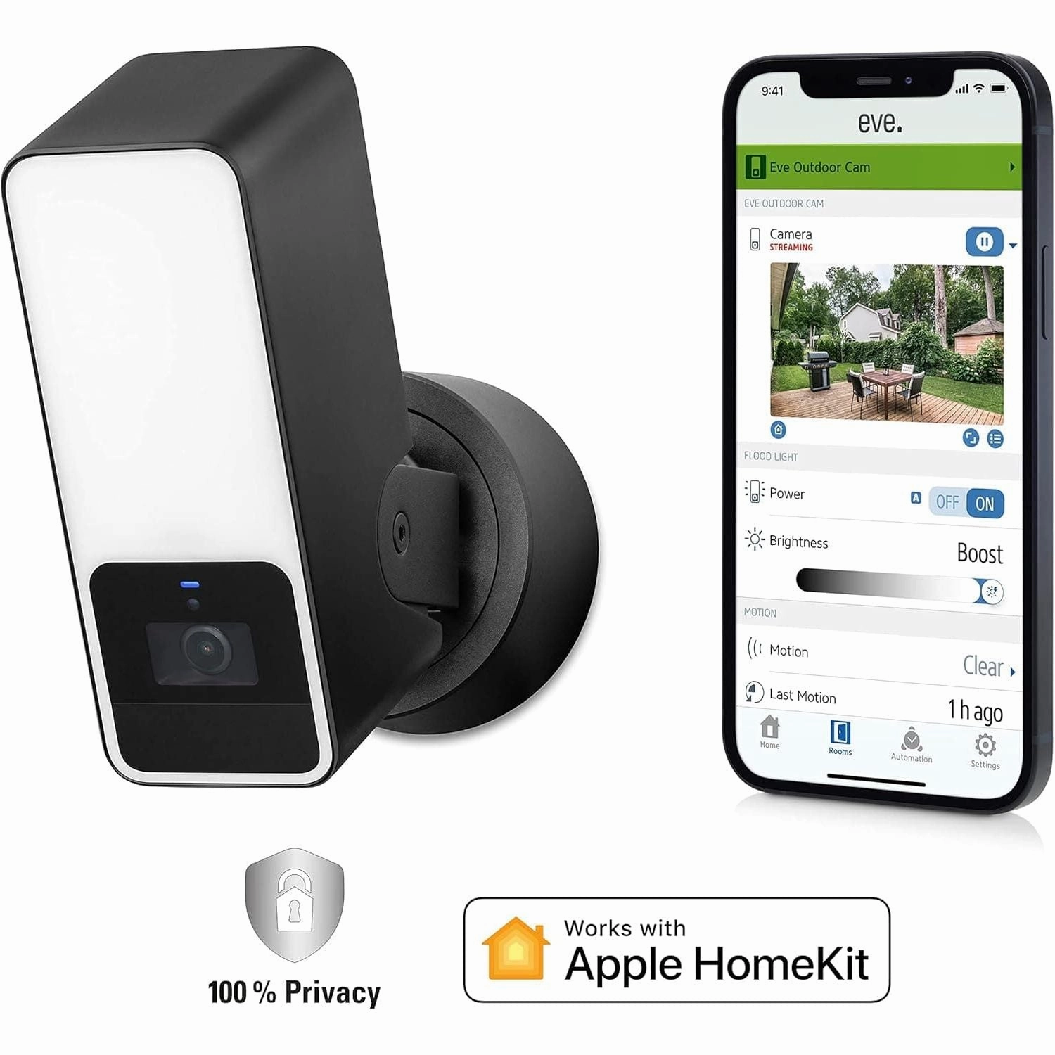 Eve Outdoor Cam - 1080p Wi-Fi Floodlight Camera with Night Vision, HomeKit Secure Video, Motion Sensor, Two-Way Communication, Flexible Installation