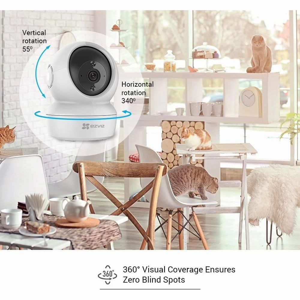 EZVIZ H6c Full HD Indoor Smart Home Security PTZ Camera Tracking 2MP Smart Night Vision, Auto Motion Tracking WiFi, Supports MicroSD Card -White