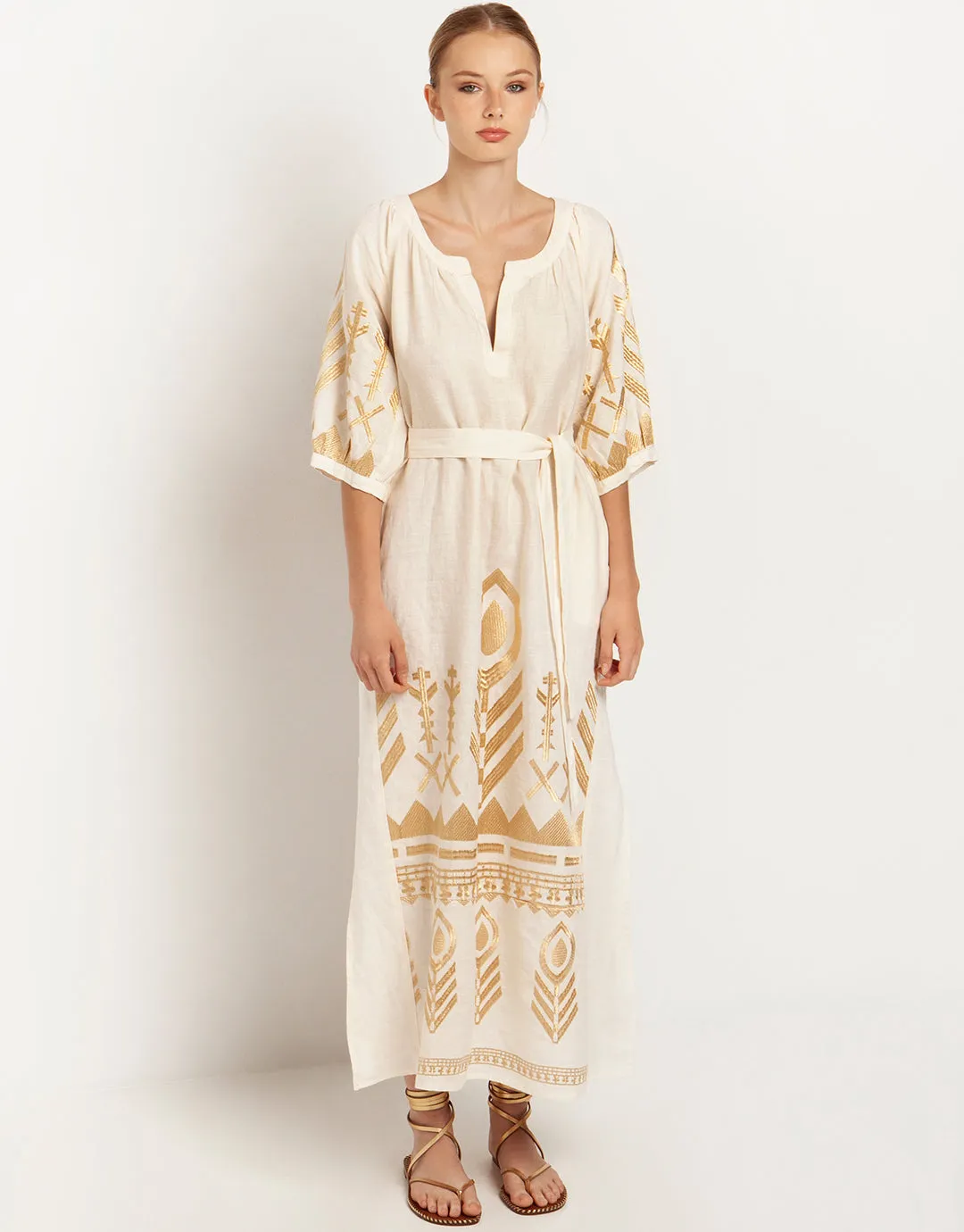 Feather Maxi Kaftan - Natural and Gold