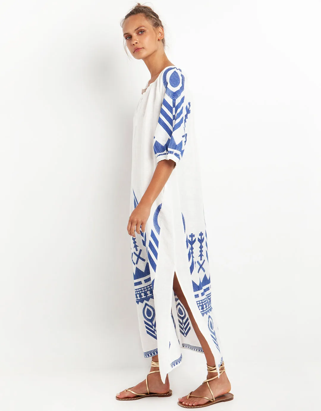 Feather Maxi Kaftan - White and Blue