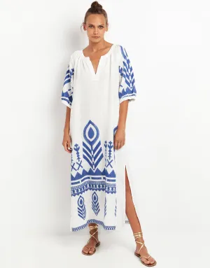 Feather Maxi Kaftan - White and Blue