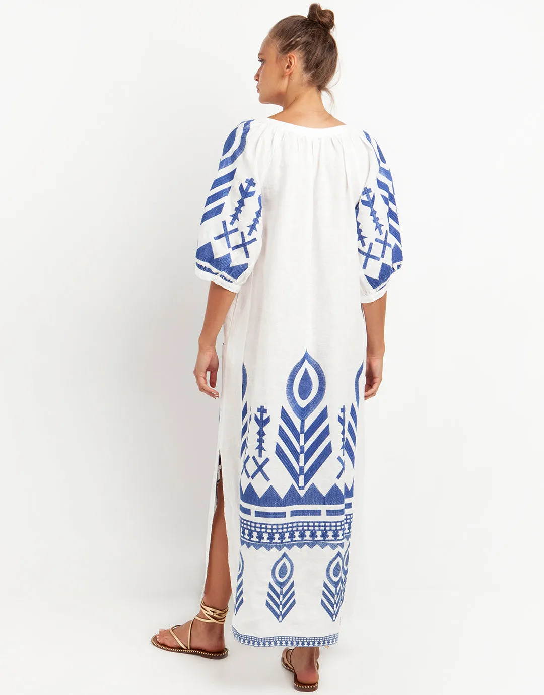 Feather Maxi Kaftan - White and Blue