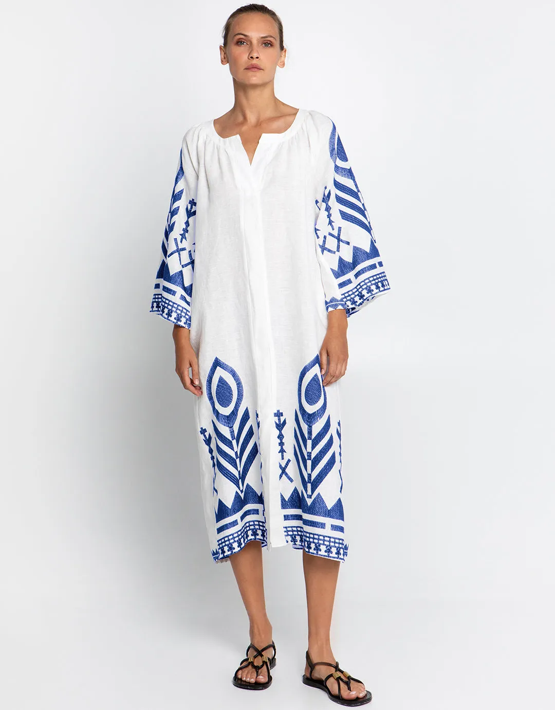Feather Midi Kaftan  - White and Blue