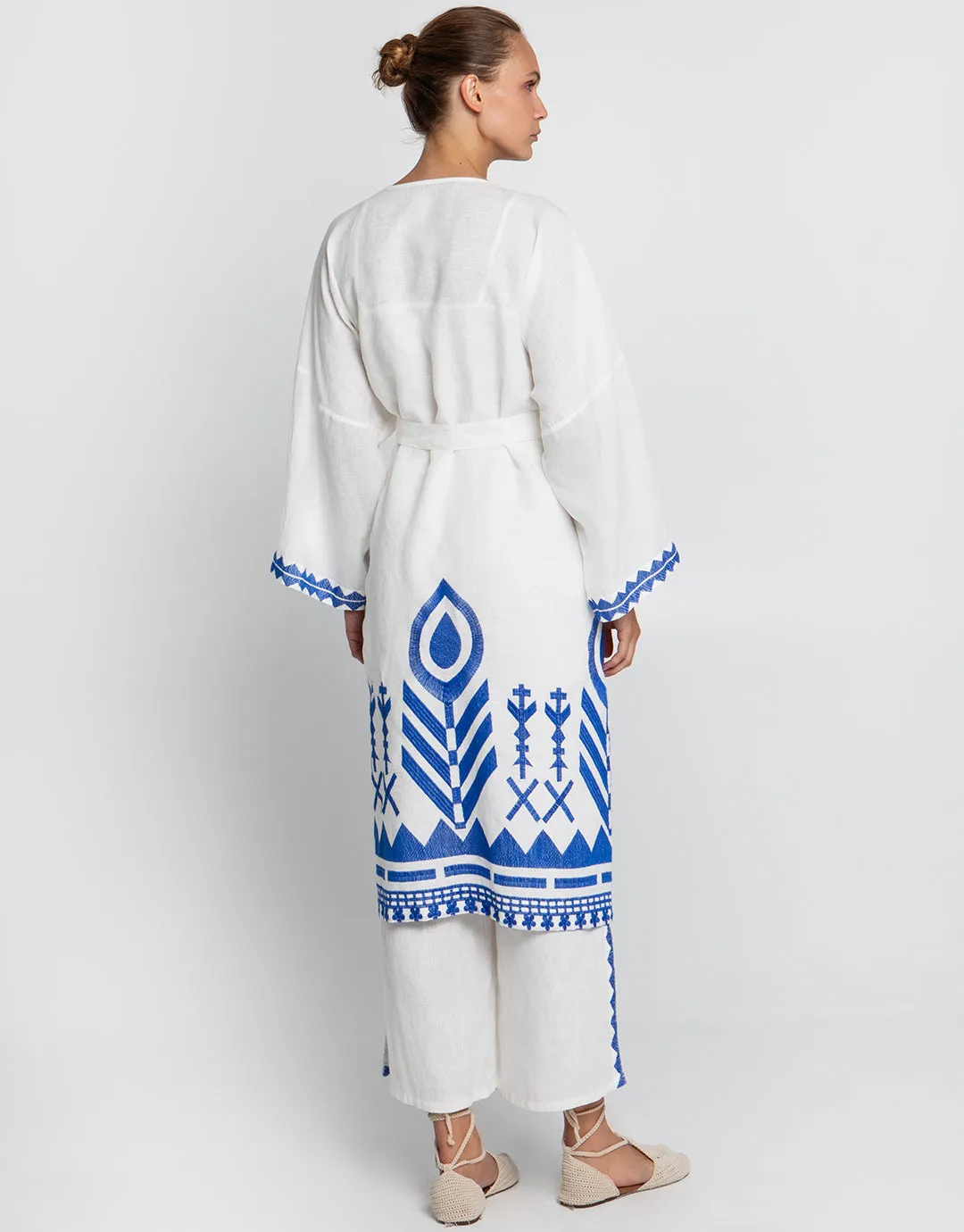 Feather Midi Kimono - White and Blue
