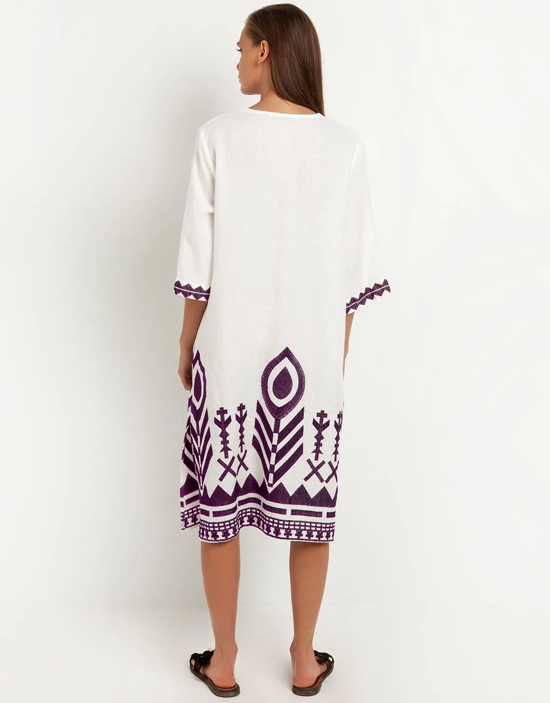 Feathers V Neck Midi Kaftan - White and Plum
