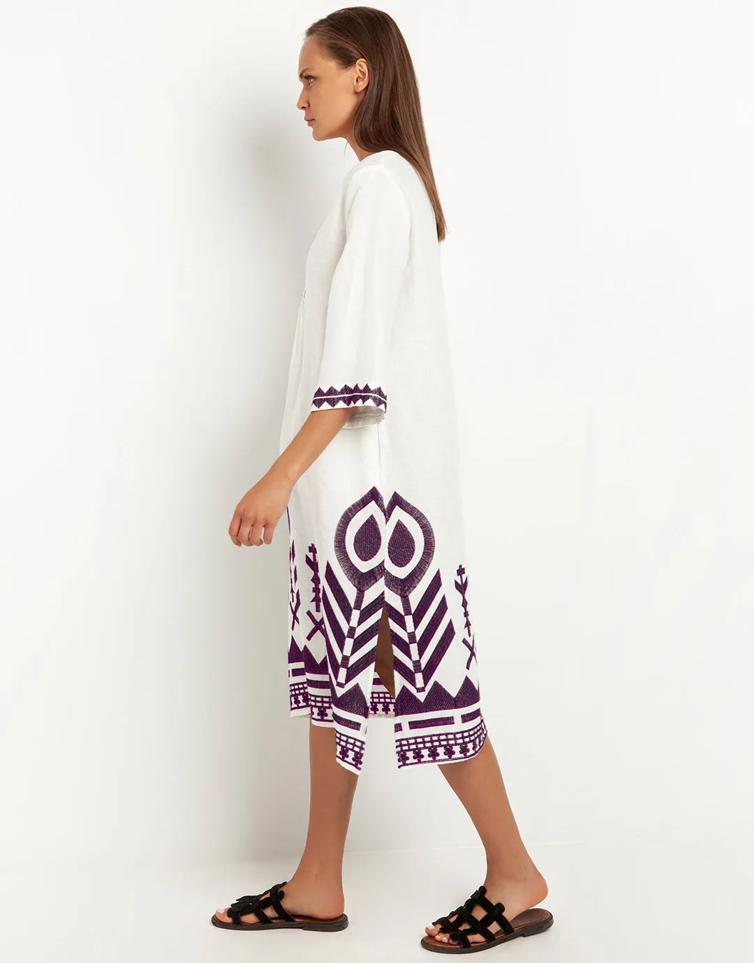 Feathers V Neck Midi Kaftan - White and Plum