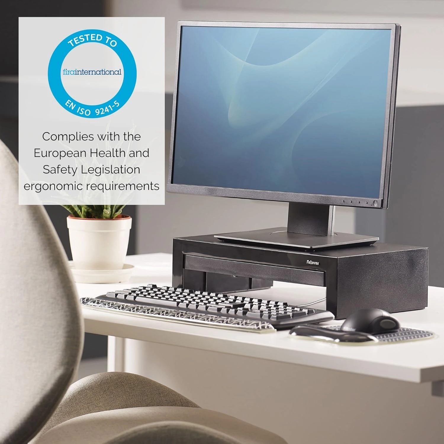 Fellowes Designer Suites Monitor Stand - 3-Height Adjustable Ergonomic Riser with Storage, 18kg Capacity, Black