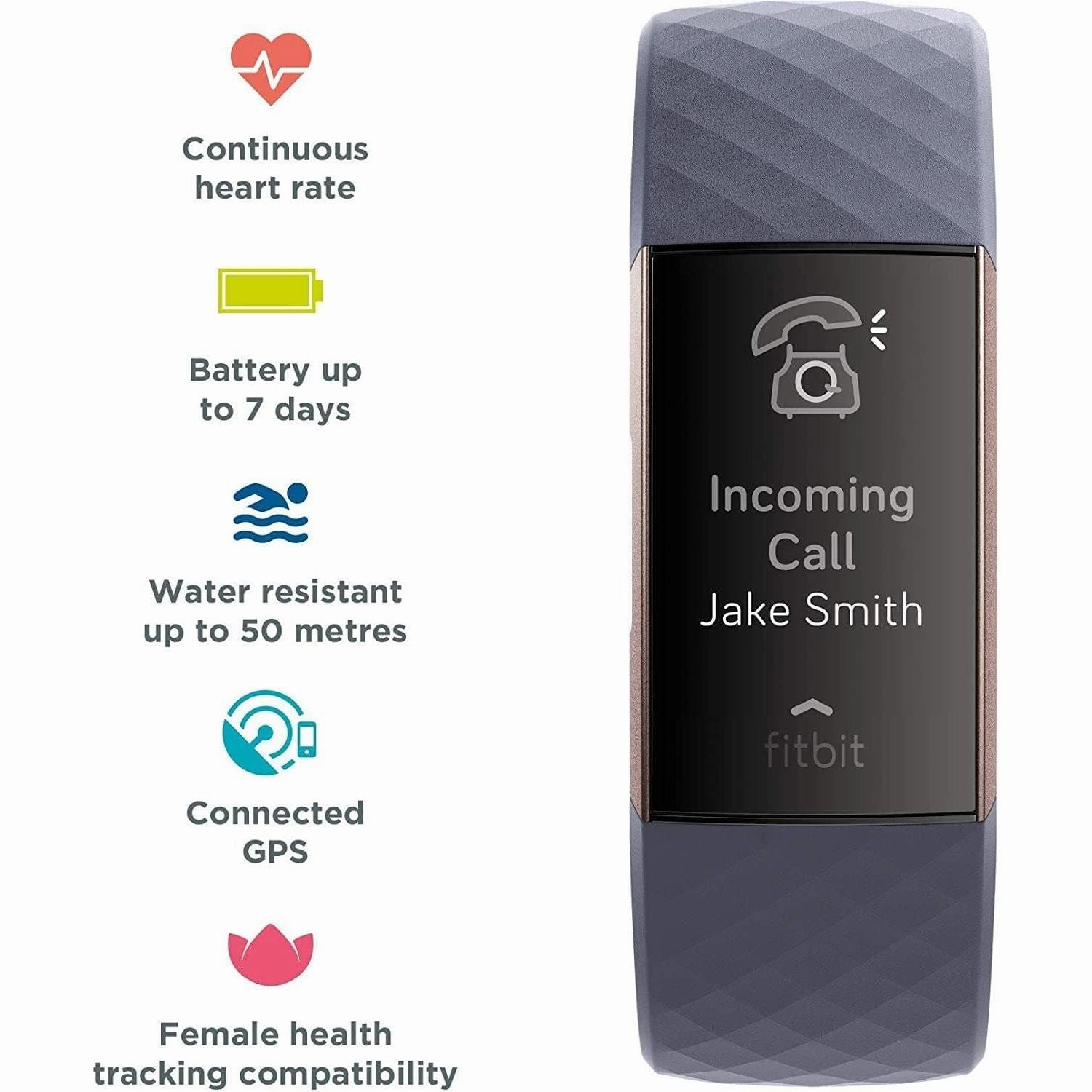 Fitbit Charge 3 Advanced Fitness Tracker with Heart Rate, Swim Tracking & 7 Day Battery - Rose-Gold/Grey, One Size