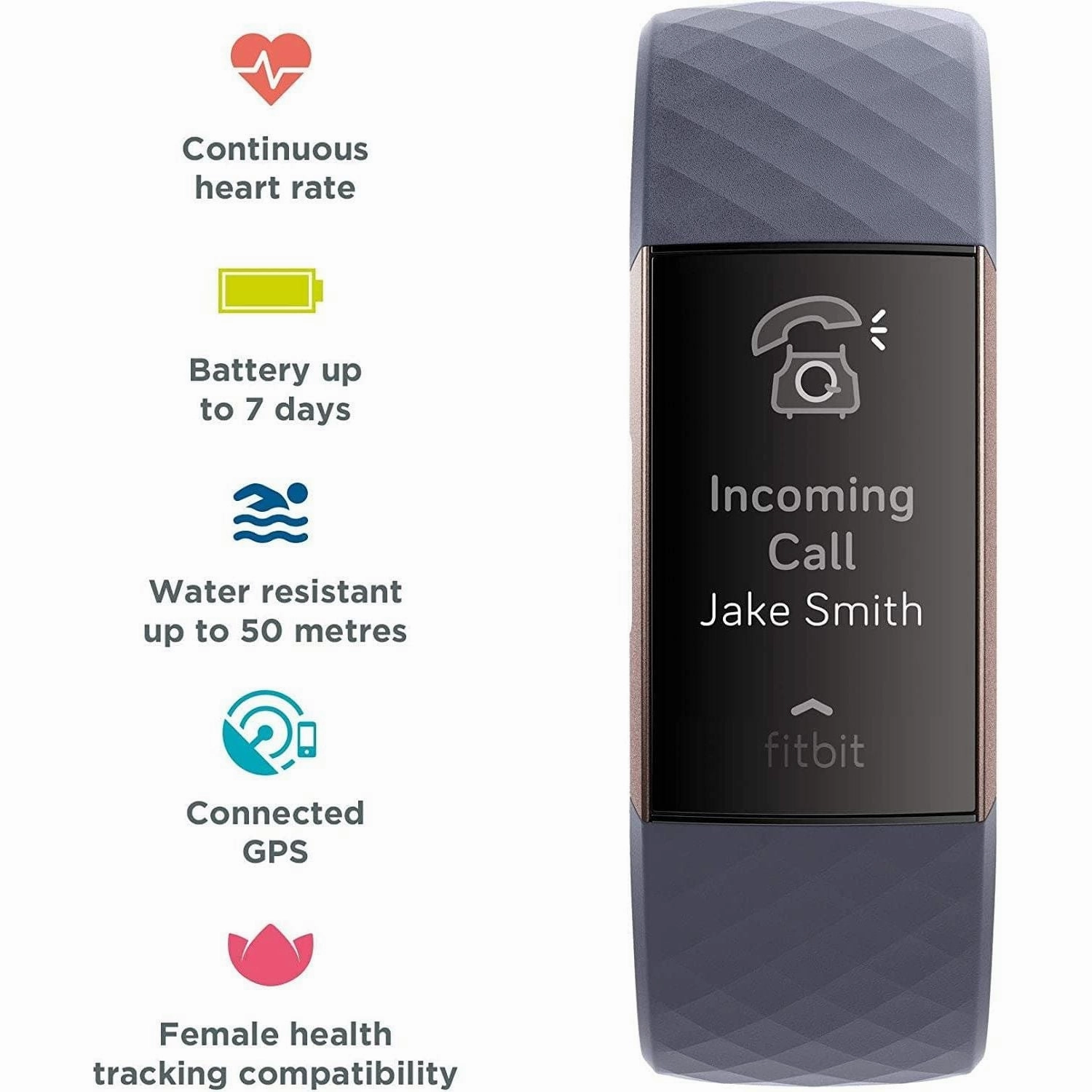 Fitbit Charge 3 Advanced Fitness Tracker with Heart Rate, Swim Tracking & 7 Day Battery - Rose-Gold/Grey, One Size
