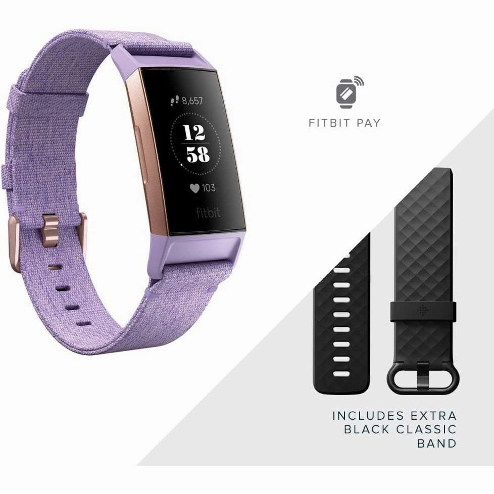 Fitbit Charge 3 NFC Special Edition Advanced Fitness Tracker with Heart Rate, Swim Tracking & 7 Day Battery - Rose-Gold/Lavender, One Size