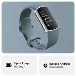 Fitbit Charge 5 Fitness Tracker - Platinum / Blue -  Advanced Health Tracker with GPS, Stress & Readiness Scores, Vibrant Display & 7-Day Battery.