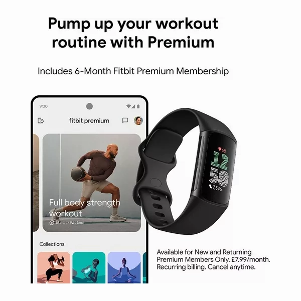 Fitbit Charge 6 Fitness Tracker - Obsidian/Black, Silicone Strap, Universal