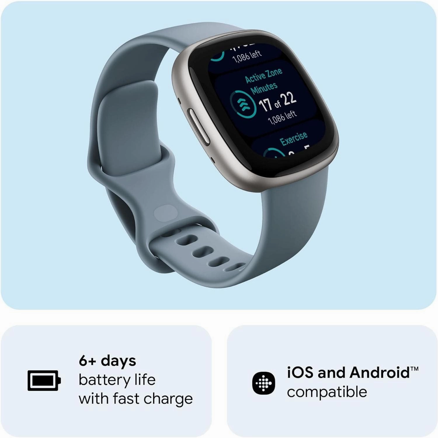 Fitbit Versa 4 Fitness Smartwatch with built-in GPS and up to 6 days battery life - compatible with Android and iOS.