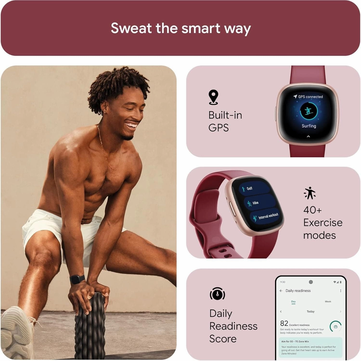Fitbit Versa 4 Fitness Smartwatch with built-in GPS and up to 6 days battery life - compatible with Android and iOS.