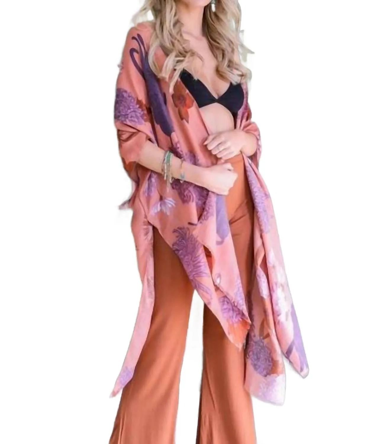Floral Motif Boho Festival Cover Up Kimono In Roseclay