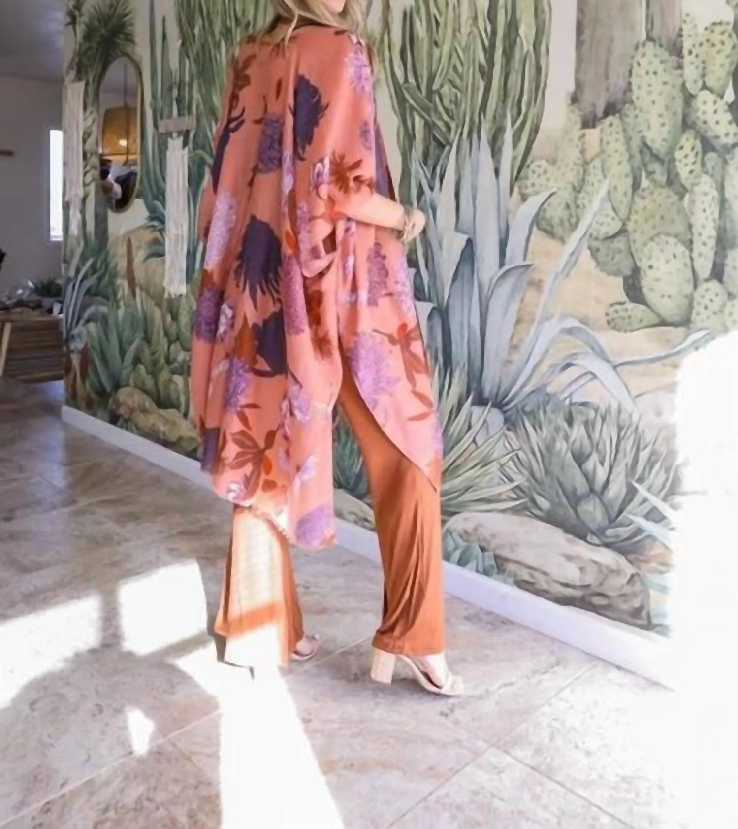 Floral Motif Boho Festival Cover Up Kimono In Roseclay