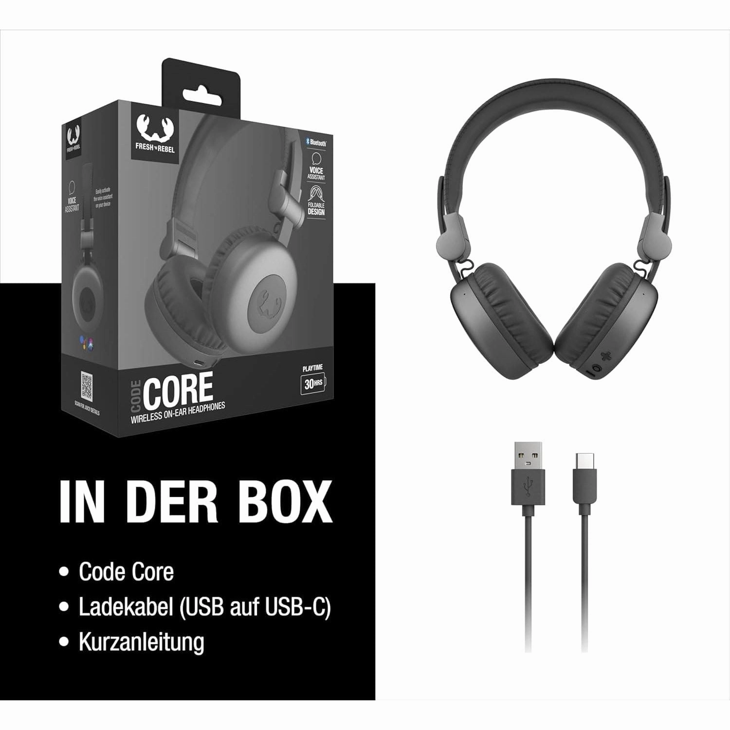 Fresh 'n Rebel Code Core Bluetooth Headphones - On-Ear, Wireless, 30 Hours Playtime, Microphone, Voice Assistant, Volume Control, Play/Pause Buttons, Foldable, Storm Grey