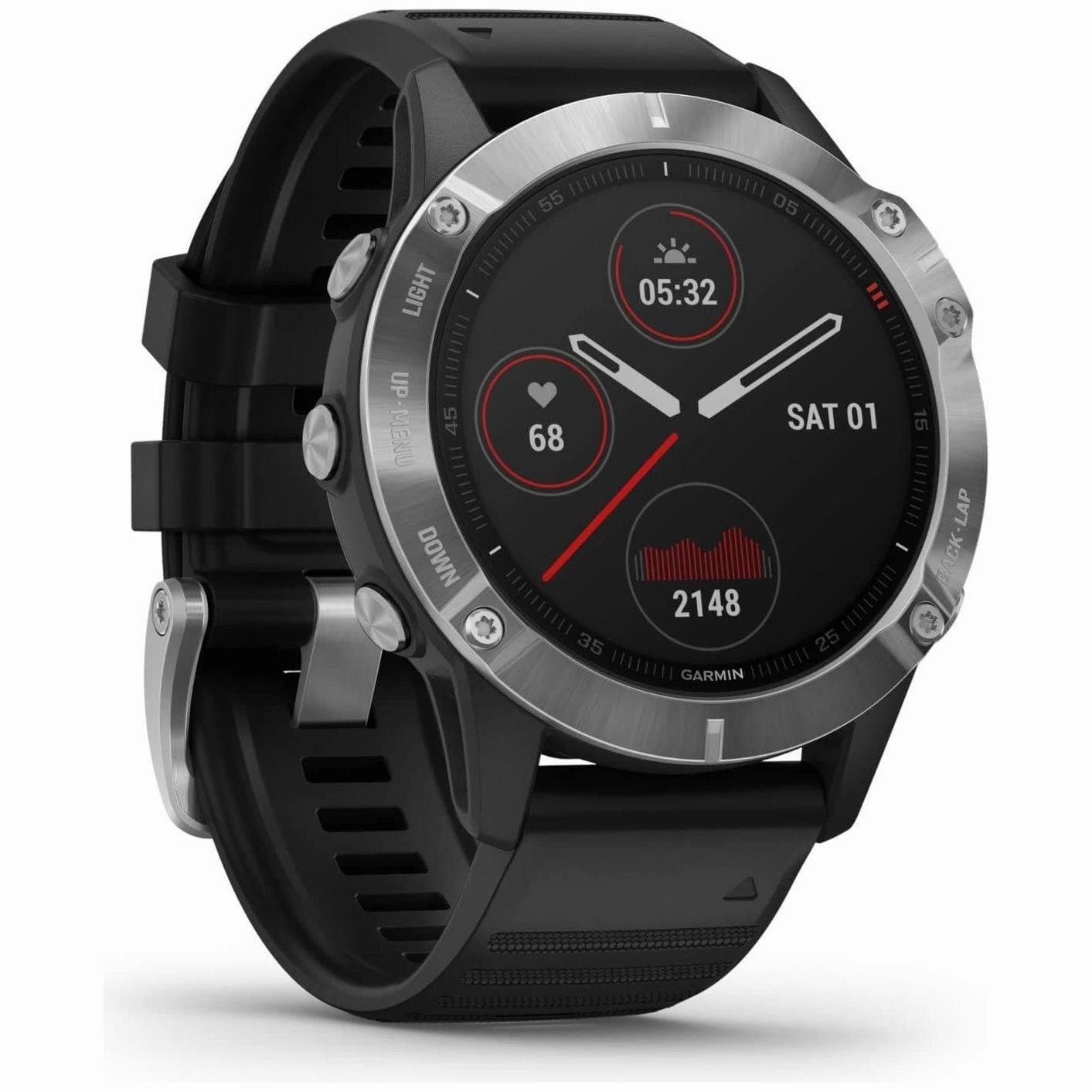 Garmin fenix 6, Ultimate Multisport GPS Watch, Heat and Altitude Adjusted V02 Max, Pulse Ox Sensors and Training Load Focus, Silver with Black Band