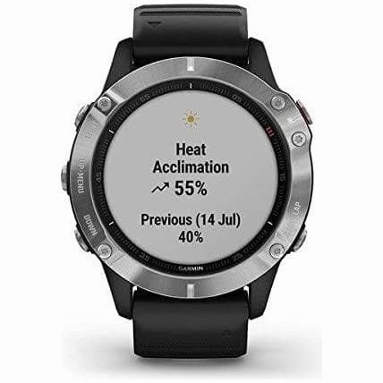 Garmin fenix 6, Ultimate Multisport GPS Watch, Heat and Altitude Adjusted V02 Max, Pulse Ox Sensors and Training Load Focus, Silver with Black Band
