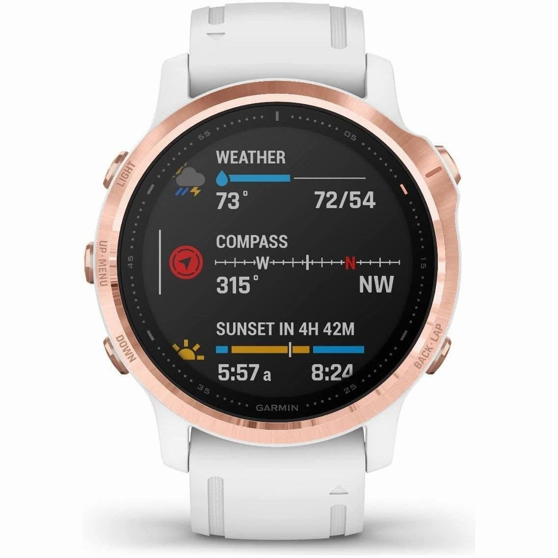 Garmin fenix 6S Pro, Ultimate Multisport GPS Watch, Smaller-Sized, Features Mapping, Music, Grade-Adjusted Pace Monitoring and Pulse Ox Sensors, Rose Gold with White Band