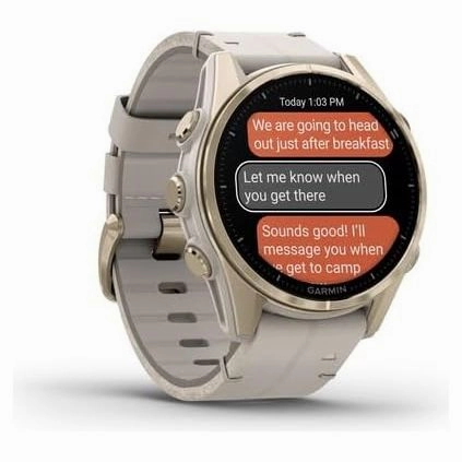 Garmin fnix 8 43mm AMOLED - Sapphire, Soft Gold Stainless Steel with Fog Gray Leather Band & Fog Gray/Dark Sandstone Silicone Band