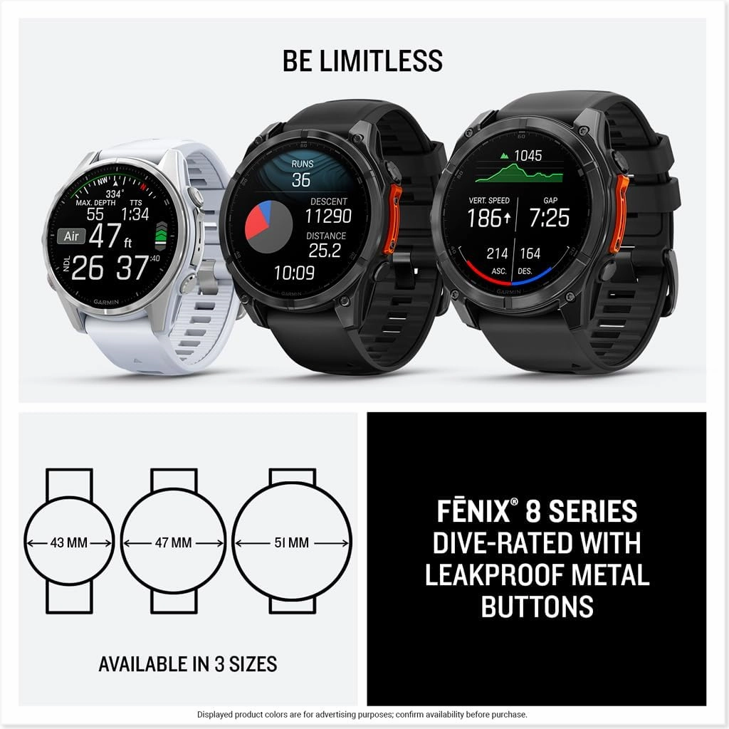 Garmin fnix 8 43mm  AMOLED, Sapphire, GPS Multisport Smartwatch, Carbon Gray DLC Titanium, Pebble Gray Band