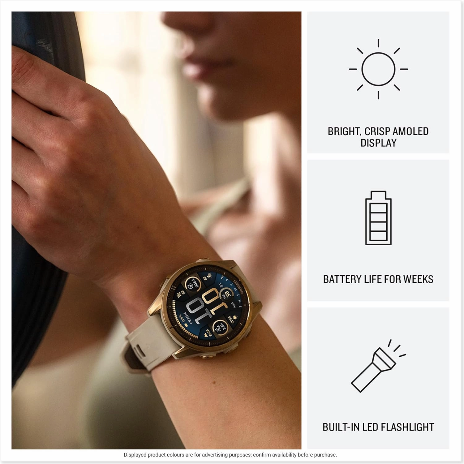 Garmin fnix 8 Premium Multisport GPS Smartwatch  43mm AMOLED, Whitestone  10-Day Battery, Built-in LED Flashlight