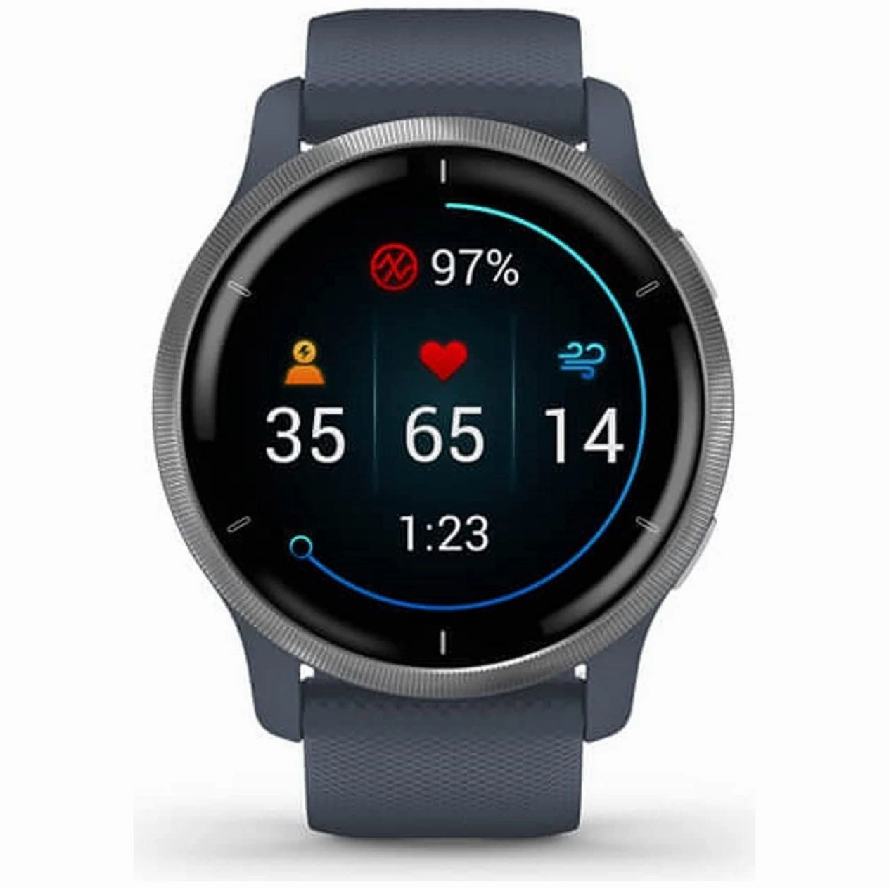 Garmin Venu 2 GPS smartwatch with all-day health monitoring, Silver Bezel with Granite Blue Case and Silicone Band