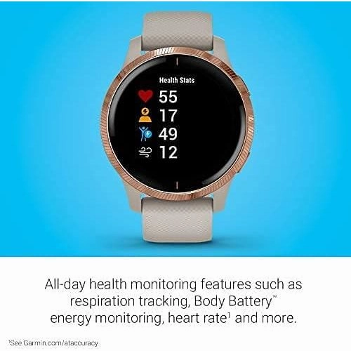 Garmin Venu, GPS Smartwatch with Bright Touchscreen Display, Features Music, Body Energy Monitoring, Animated Workouts, Pulse Ox Sensors and More, Light Sand with Rose Gold