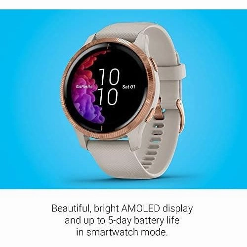 Garmin Venu, GPS Smartwatch with Bright Touchscreen Display, Features Music, Body Energy Monitoring, Animated Workouts, Pulse Ox Sensors and More, Light Sand with Rose Gold