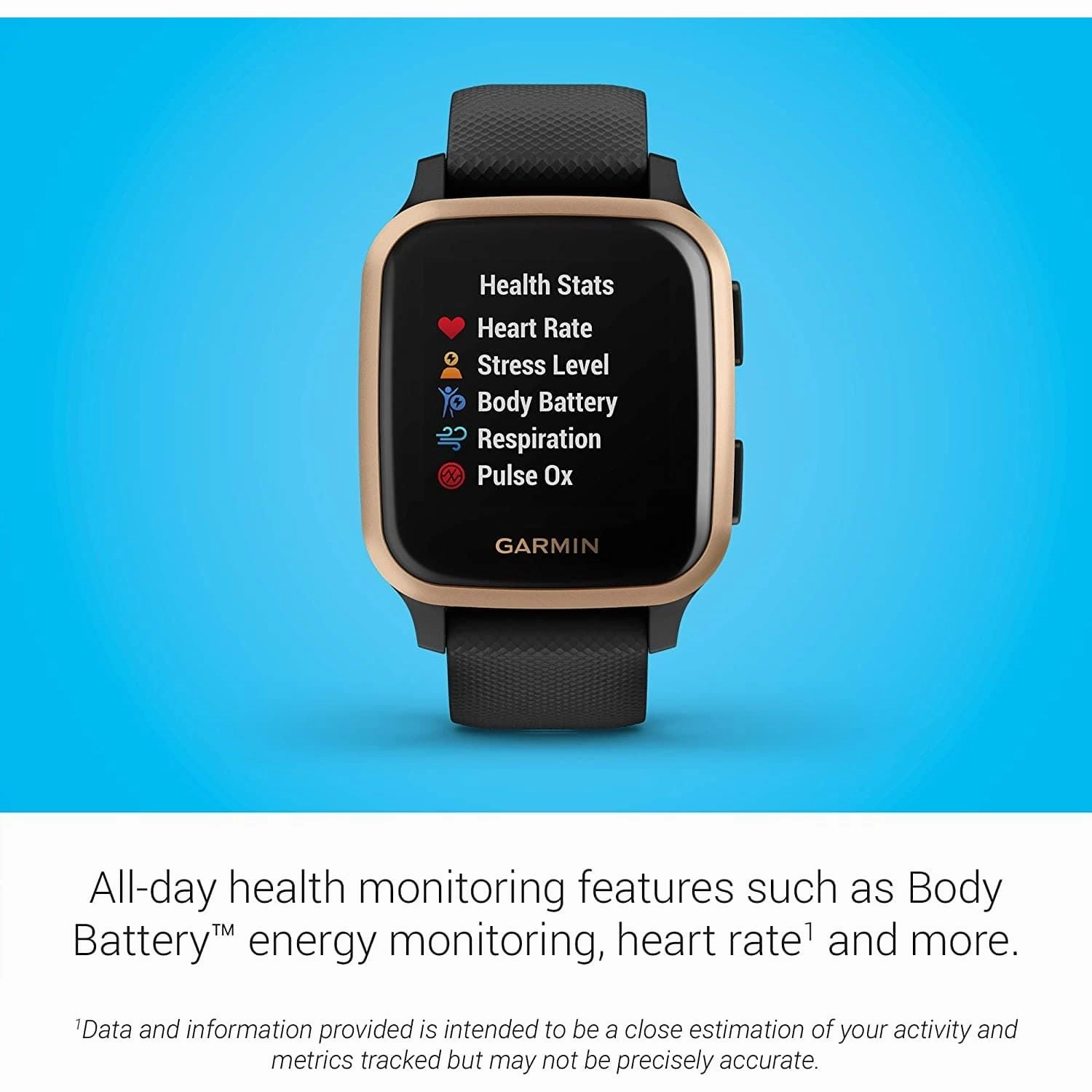 Garmin Venu Sq Music Amazon Exclusive GPS Smartwatch with All-day Health Monitoring and Fitness Features, Built-in Sports Apps and More, Black with Rose Gold Bezel