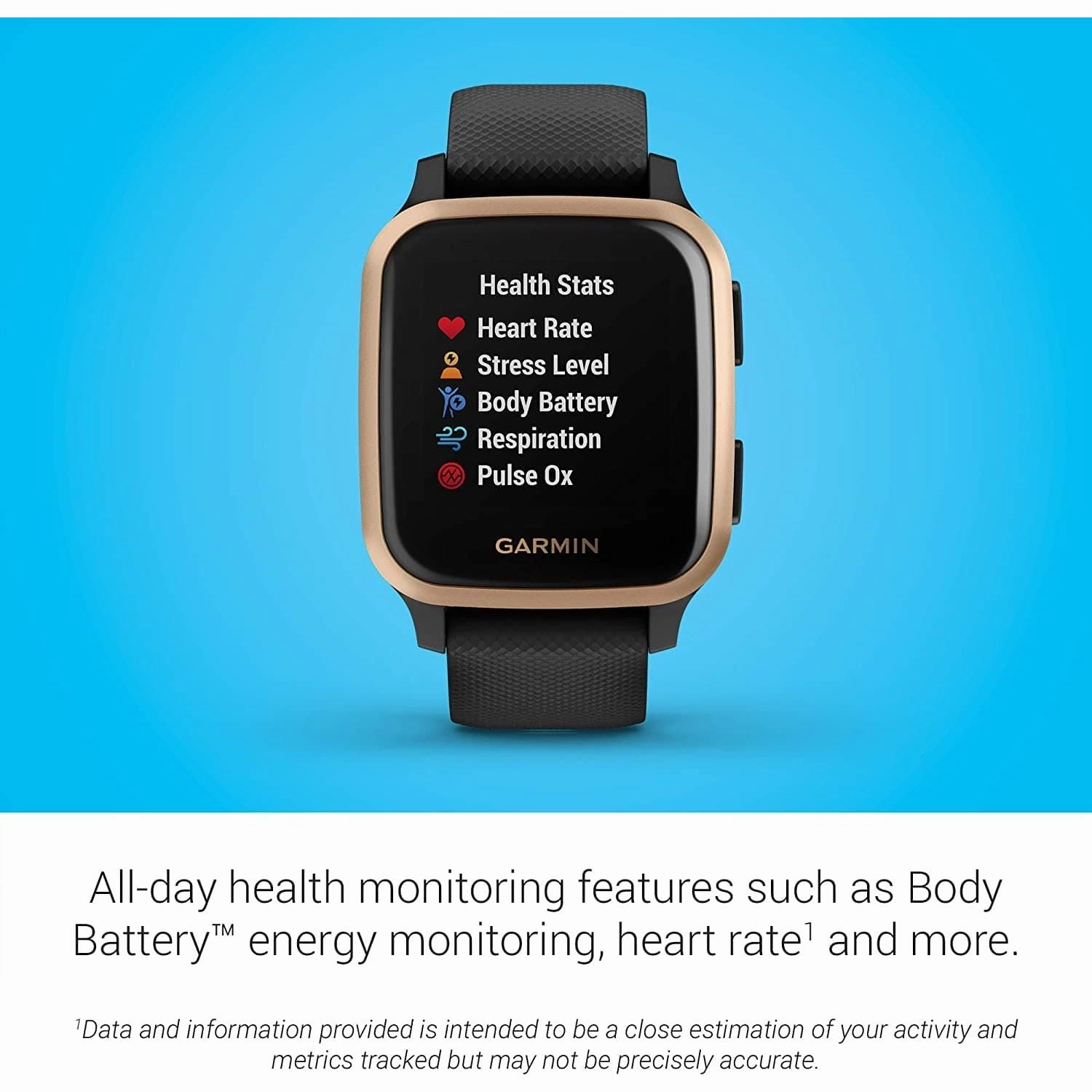 Garmin Venu Sq Music Amazon Exclusive GPS Smartwatch with All-day Health Monitoring and Fitness Features, Built-in Sports Apps and More, Black with Rose Gold Bezel