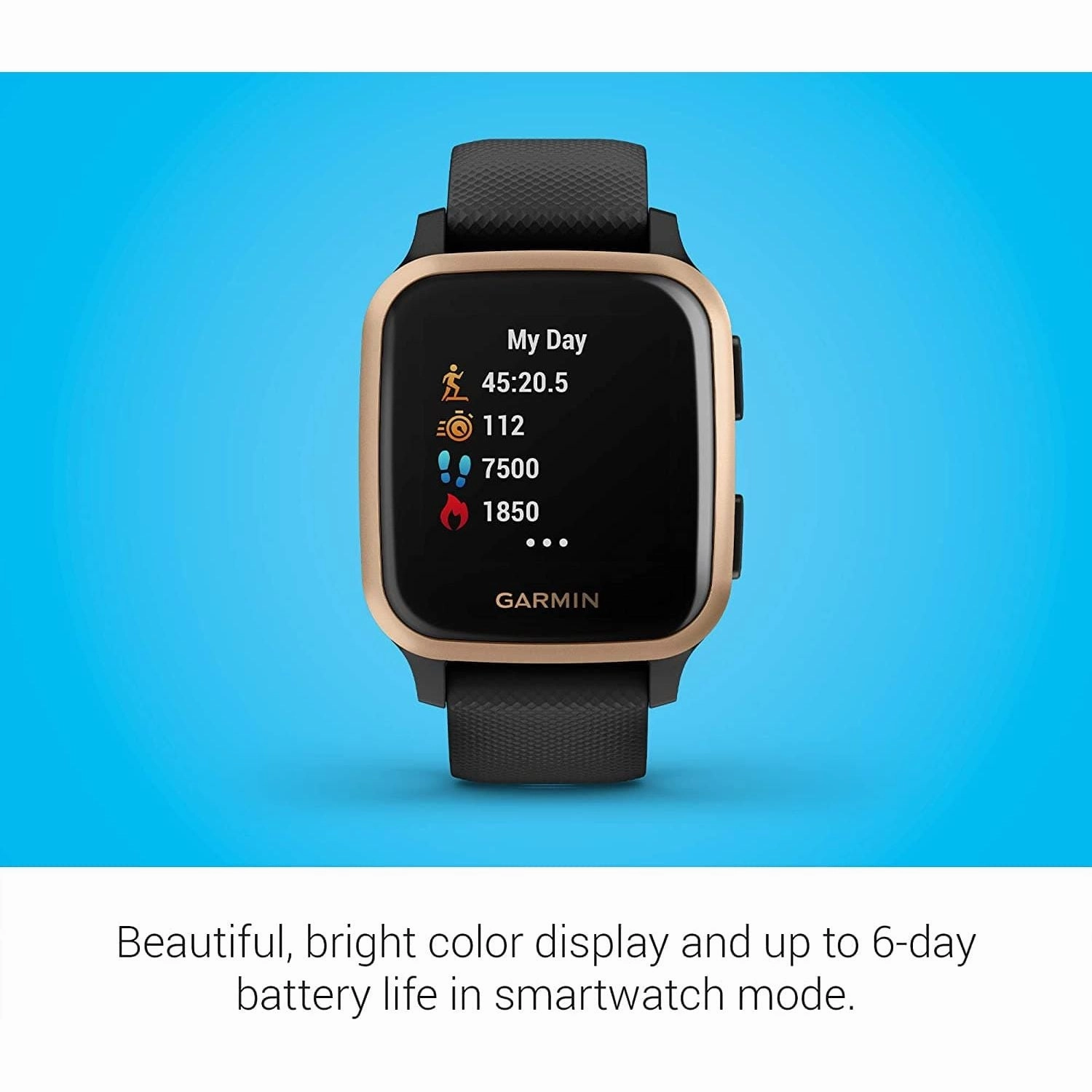 Garmin Venu Sq Music Amazon Exclusive GPS Smartwatch with All-day Health Monitoring and Fitness Features, Built-in Sports Apps and More, Black with Rose Gold Bezel