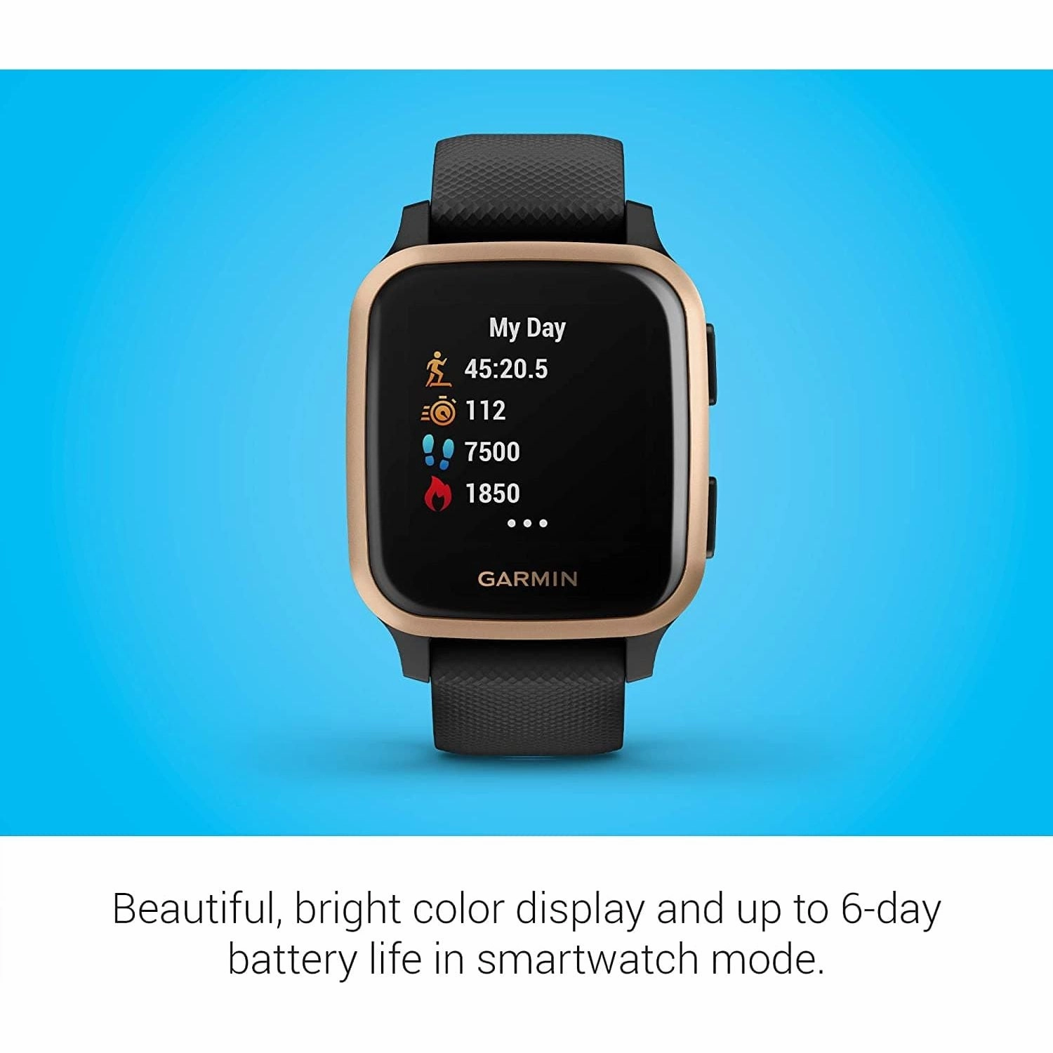Garmin Venu Sq Music Amazon Exclusive GPS Smartwatch with All-day Health Monitoring and Fitness Features, Built-in Sports Apps and More, Black with Rose Gold Bezel