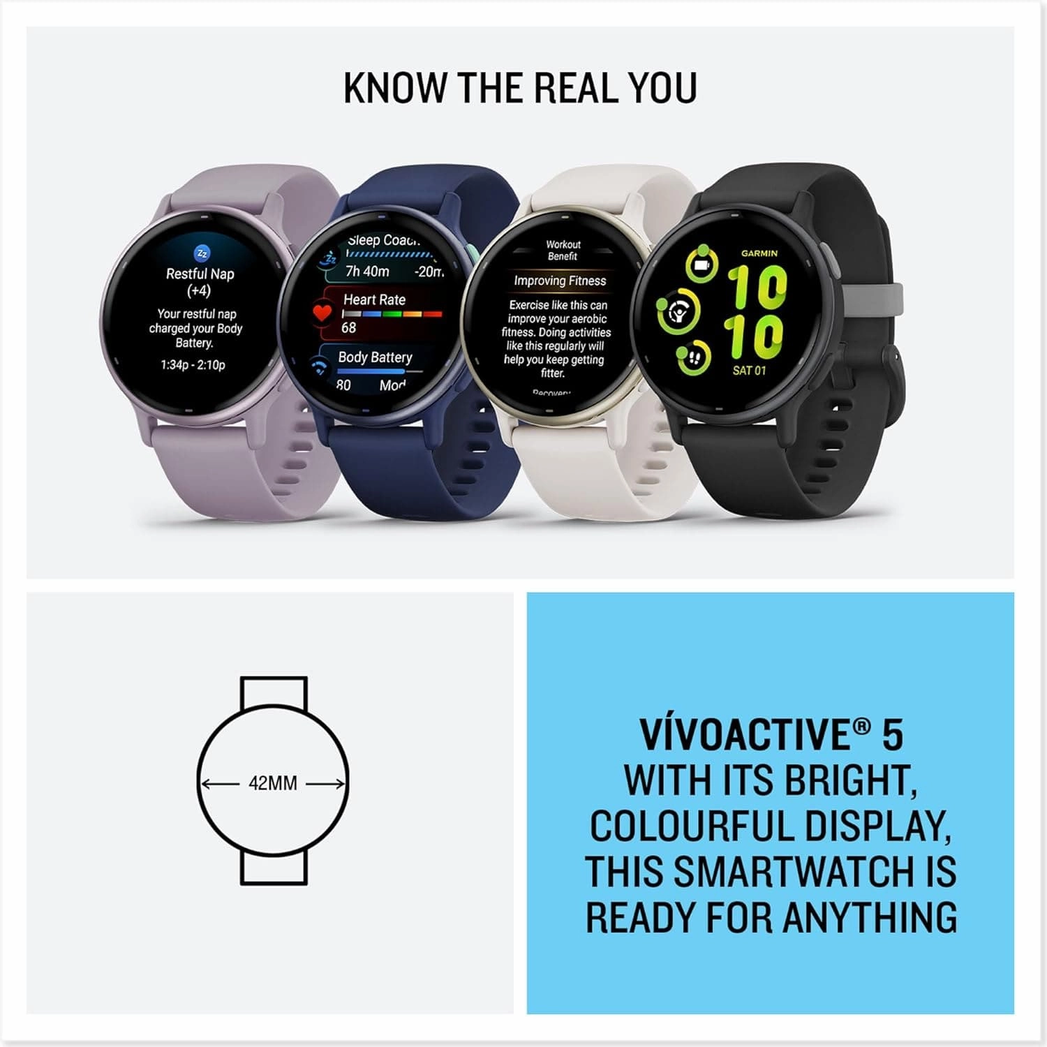 Garmin vvoactive 5 AMOLED GPS Smartwatch - Slate Aluminium Bezel with Black Case and Silicone Band