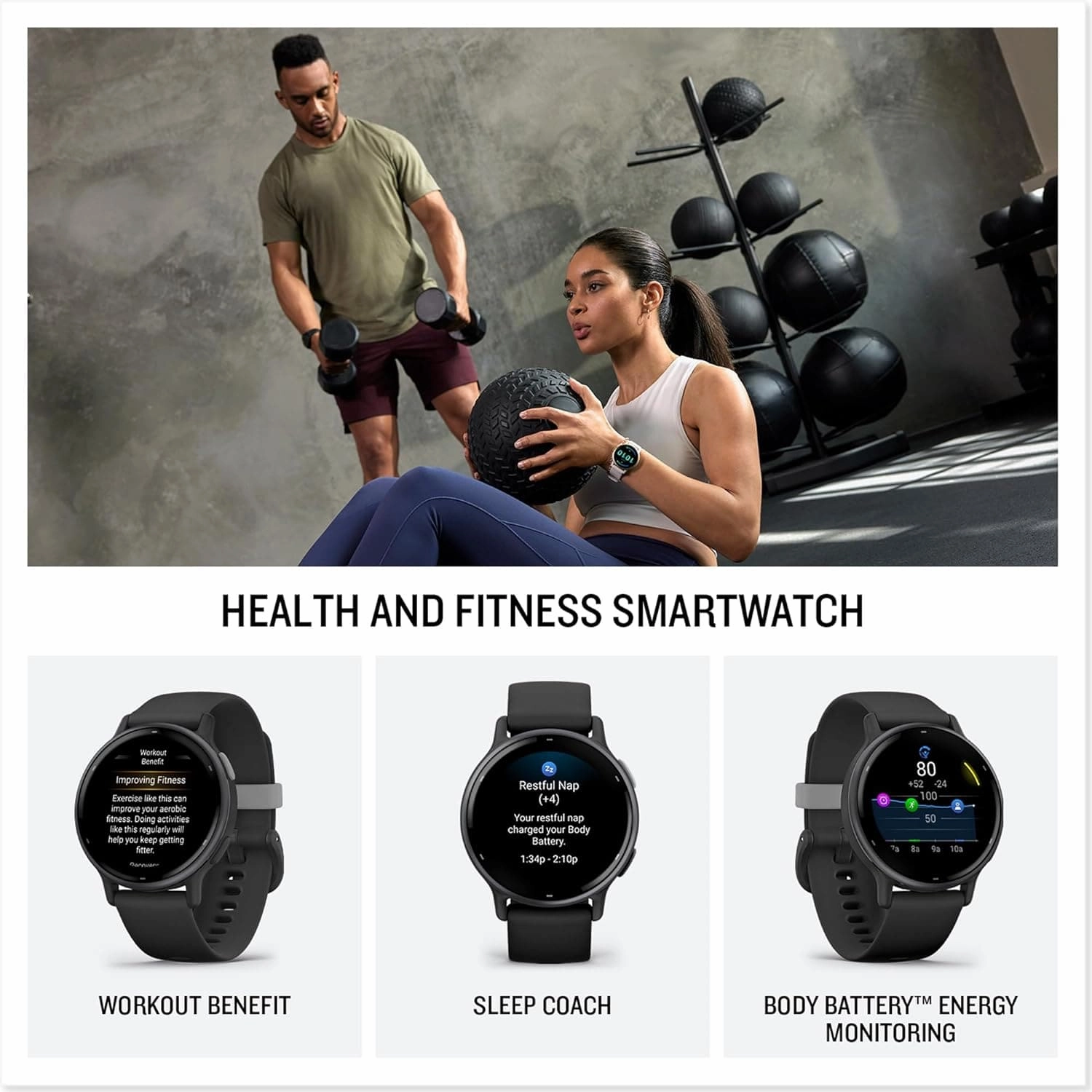 Garmin vvoactive 5 AMOLED GPS Smartwatch - Slate Aluminium Bezel with Black Case and Silicone Band
