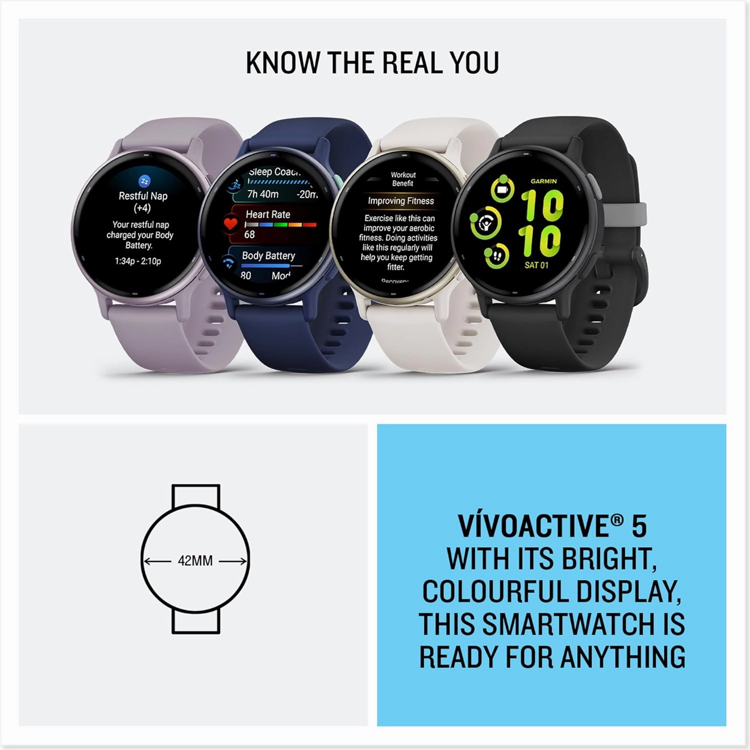 Garmin vvoactive 5 GPS 42mm Smartwatch - AMOLED Touchscreen, All-Day Health Monitoring, Advanced Fitness Features, Personalized Sleep Coaching, Music, Up to 11 Days Battery Life - Ivory