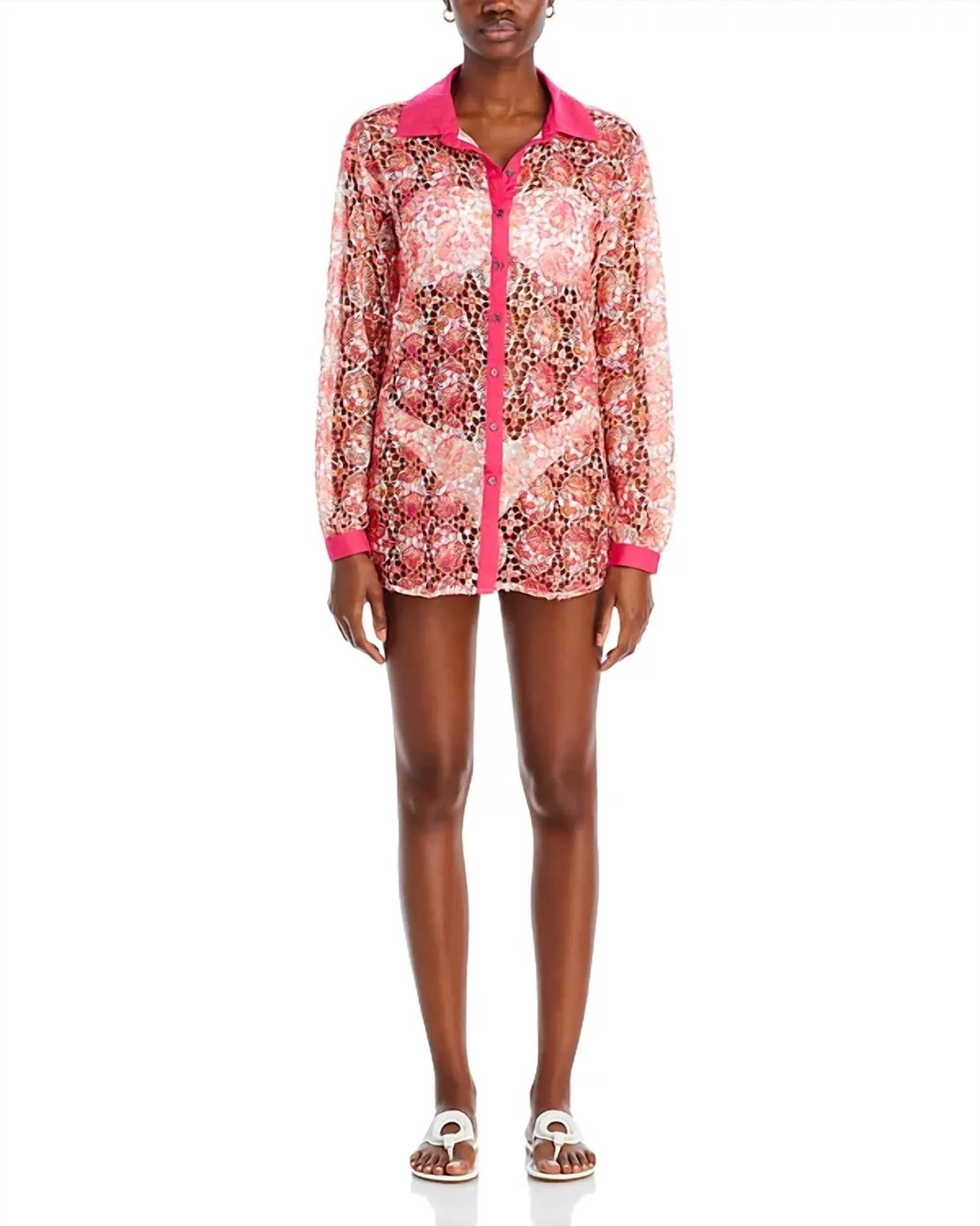 Gary Princed Lace Swim Cover Up Shirt In Pink