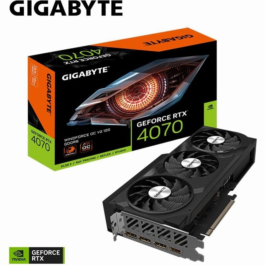 Gigabyte GeForce RTX 4070 WINDFORCE OC V2 12G Graphics Card C 12GB GDDR6, 192-bit, PCI-E 4.0, 2490MHz Core Clock, 3 x DisplayPort 1.4a, 1 x HDMI 2.1a, NVIDIA DLSS 3, GV-N4070WF3OCV2-12GD