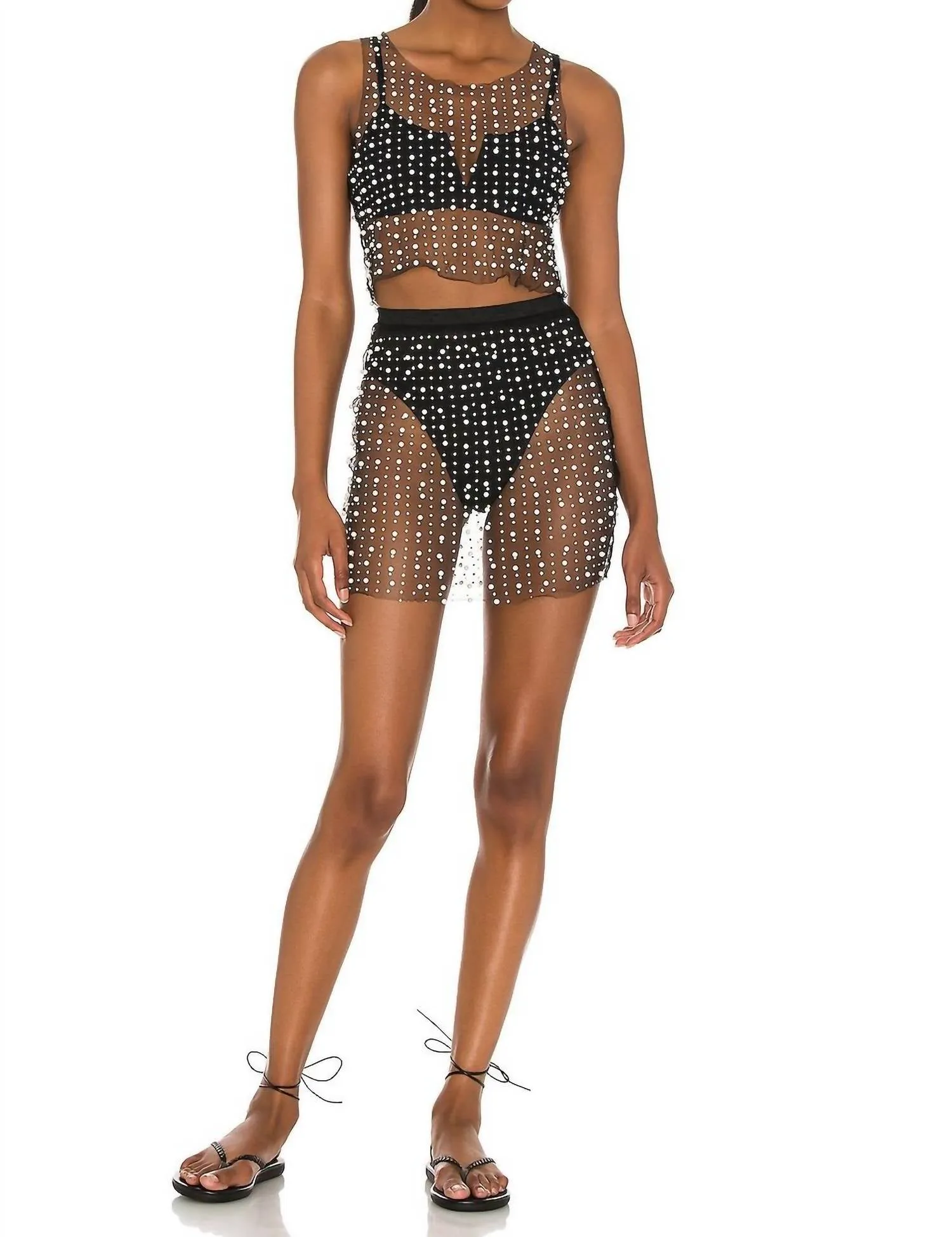 Glitzy Girl Mesh Pearl Top And Skirt Set In Black