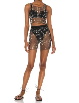 Glitzy Girl Mesh Pearl Top And Skirt Set In Black