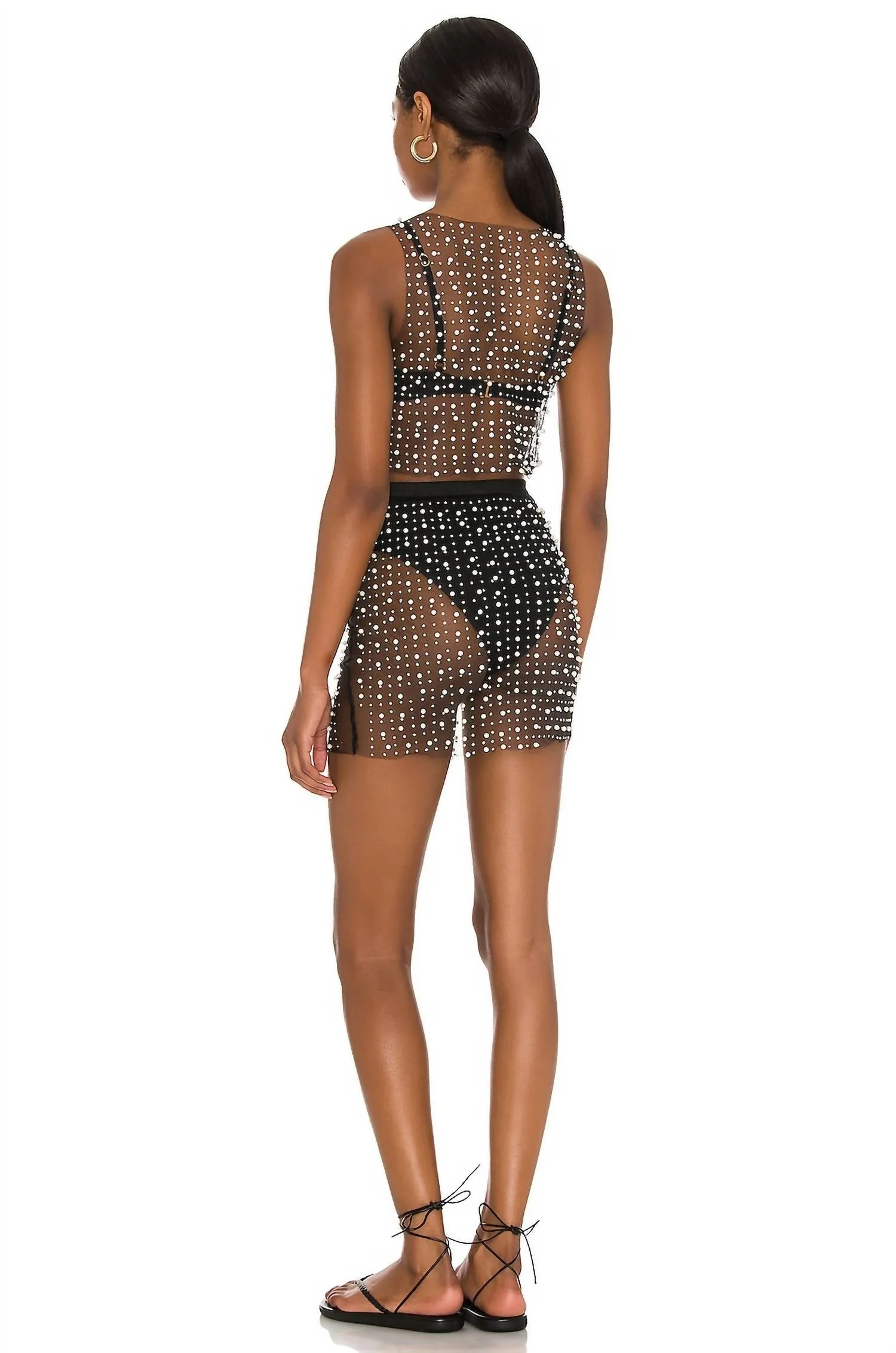 Glitzy Girl Mesh Pearl Top And Skirt Set In Black
