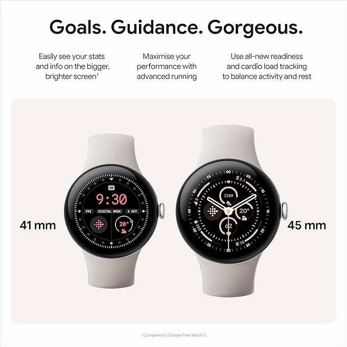 Google Pixel Watch 3 (45 mm)  Android smartwatch with heart rate tracking, advanced running from Fitbit, fitness insights, 24-hour battery  Matte Hazel Aluminium Case  Hazel Active band  Wi-Fi