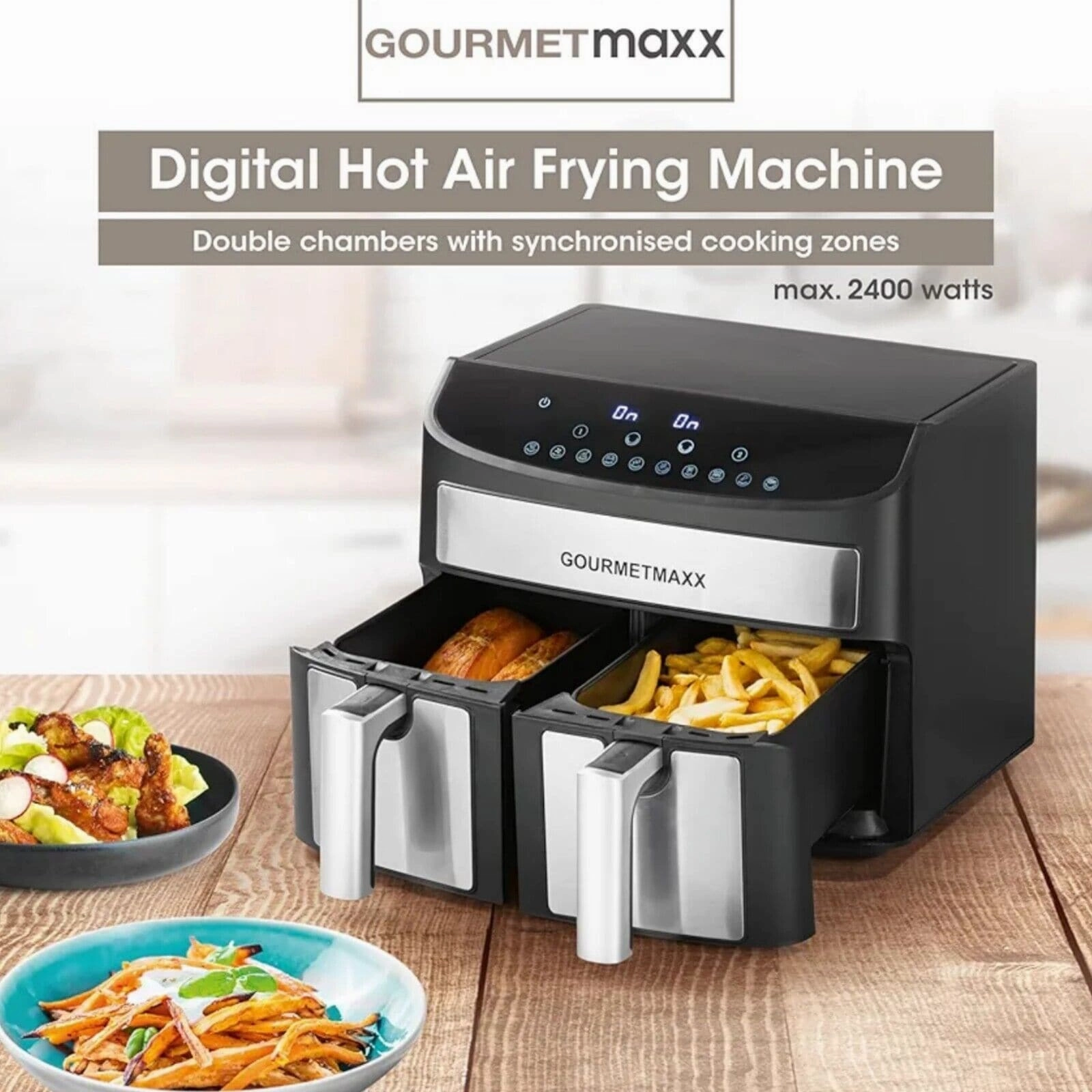 GOURMETmaxx Digital Double Chamber Hot Air Fryer - 7L (2x3.5L) - Black