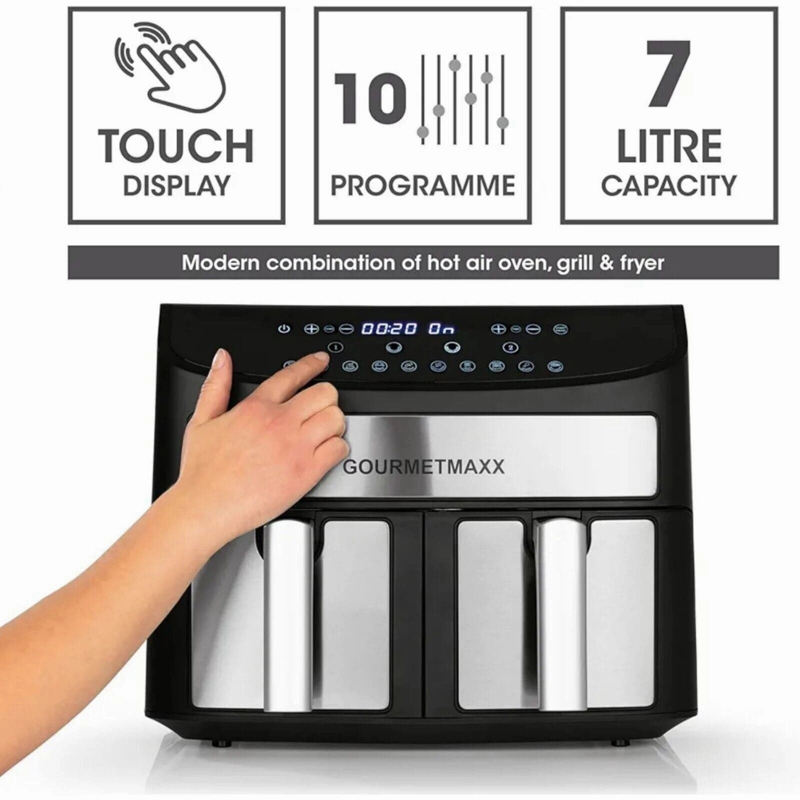 GOURMETmaxx Digital Double Chamber Hot Air Fryer - 7L (2x3.5L) - Black