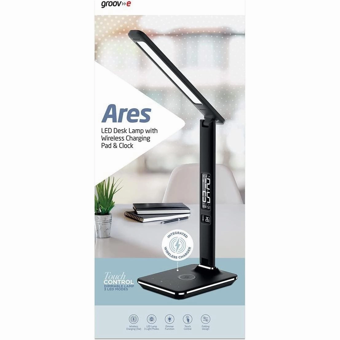 Groov-e Ares Desk LED Lamp with Wireless Charging Pad & Clock - Black